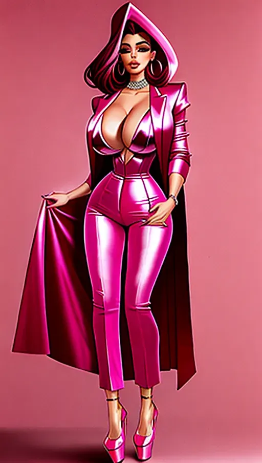 Kylie Jenner in a seductive pose in a pink satin open blazer showing lots of cleavage with extremely tight pink satin ankle length pants and pink satin high heels