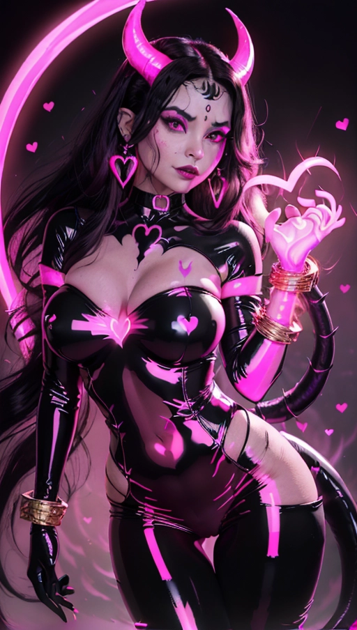 best quality, (((ultra high res))), (((detailed face and eyes))), (perfect face), (big shining heart choker), earrings, jewelry, (((big glowing succubus mark))), ((((big glowing succubus bodymark)))), (((conjuring))), (witch), ((long voluminous hair)), (((black latex gloves))), ((black hair)), (((golden bracelet))), (((huge hair cuff))), (((pink skintight neckholder dress))), (((pink glowing dress))), ((face closeup)), (lipstick), (((neckholder))), ((((demon tail)))), ((black long sleeves)), ((purple glowing heart)), (((big cameltoe))), (((demon mark))), heart on womb, (((((bright pink glowing skin tone))))), (((straight black hair))), ((pink glowing clothes)), ((huge boobs)), ((luminescent))