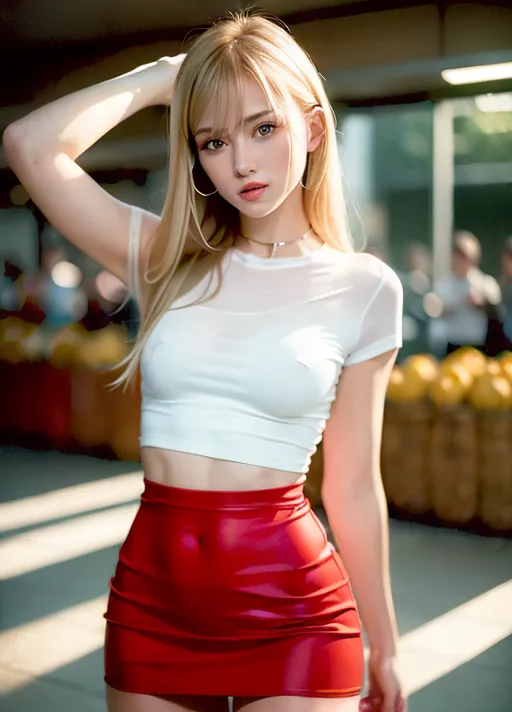 a 8K resolution photo of a 18 years old beautiful girl, blond, barely legal, skinny, slim, anorexic, full body, bangs, small waist, big boobs, rounded butt, red lips, beautiful lips, symmetrical eyes, (tigh highs), (pale skin with reflections), blushing, natural lighting, low contrast, low saturation, (photorealism:1.5), (photorealistic:1.4), (8k, RAW photo, masterpiece), High detail RAW color photo, a professional photo, realistic, (highest quality), (best shadow), soft shadow, ultra high resolution, highly detailed CG unified 8K wallpapers, soft focus, physics-based rendering, photo, realistic, realism, high contrast, hyperrealism, photography, f1.6 lens, hyper-realistic lifelike texture, textured skin, cinestill 800, full body in frame, all in frame, volumetric lighting, smiling, happy, wearing a shirt and miniskirt, miniskirt lift, pushing up skirt, looking away, walking in a busy grocery store, people at the background