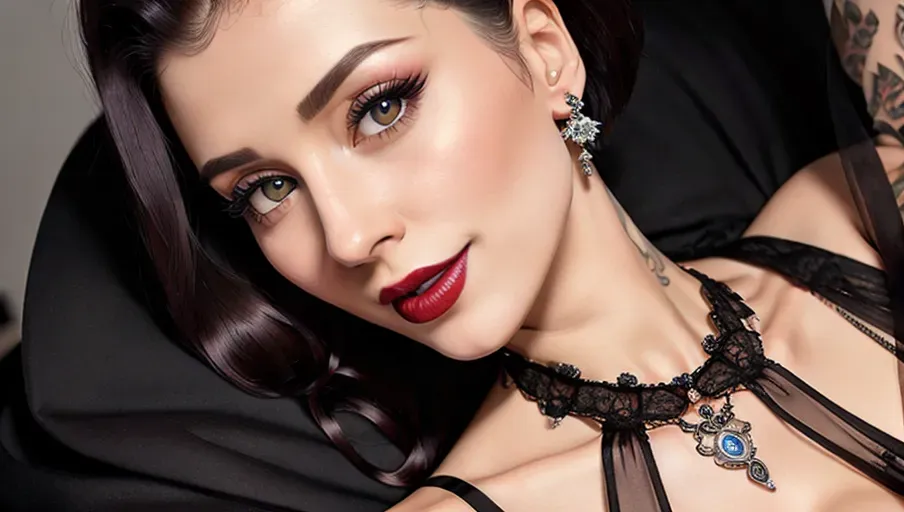 8k, highly detailed photorealistic, extreme close up camera shot from beside with low angle, Czech woman, lying in bed, black nightgown made of lace fabric, dark short hair with undercut, dark lip stick, tattoos, looking into the camera, teasing smile, necklace, earrings, dpmg_awaitingtongue_v1