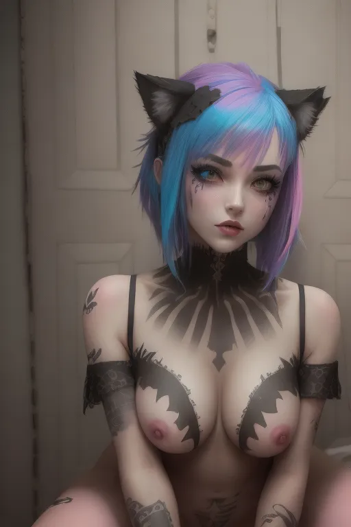 emo girl with cat ears neon tattoos on a bed totally naked spreading her legs gothic decor pink wet pussy cute feet blue hair pink nails no bra no panties blade runner aesthetic pretty face messy makeup highly detailed