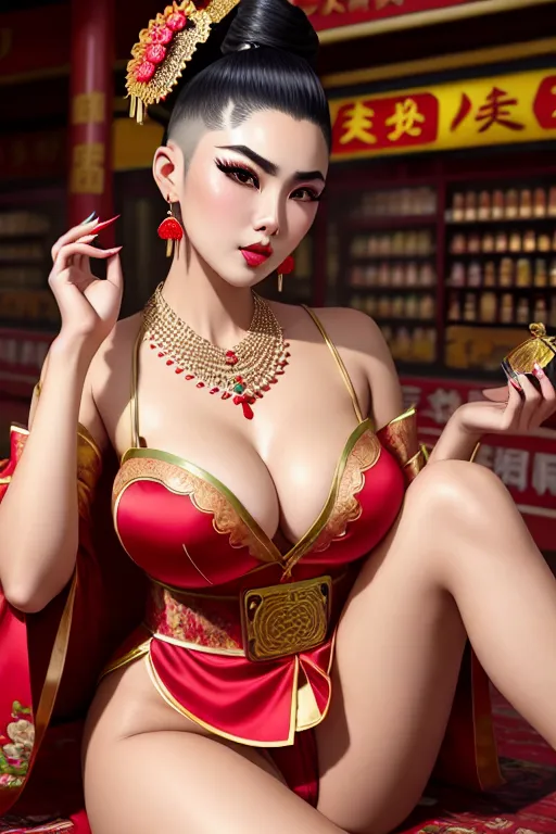 a illustration of,a psychopath,wearing chinese costume,sitting on bent knees,at the convenient store,big breasts,five fingers per hand,undercut hair,beautiful face,beautiful lips,curved eyebrows,textured skin,peaceful,wearing necklace,smooth,ultra realistic,editorial,surreal,8k