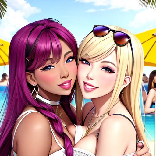 swinger lifestyle group party flyer, the theme is spring break, sin, interracial, fun, party, pretty people, people kissing, hugging, smiling, laughing, loving, polyamorous, asymmetrical face, African American,