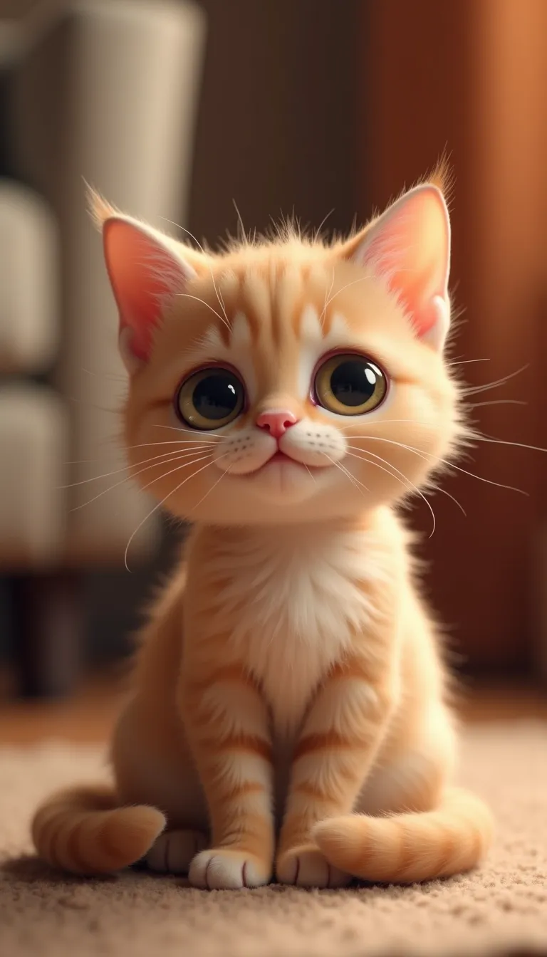 A cute cat sitting gracefully, with big expressive eyes and a fluffy tail curled around its paws. The background is softly blurred, featuring a cozy indoor setting with warm lighting. The cat has a playful expression, with its ears perked up and a slight tilt to its head. The fur is detailed, showing subtle variations in color and texture. The composition follows a 9:16 aspect ratio, perfect for a portrait-oriented image, with the cat centered to draw focus. The style is realistic with a touch of whimsy, enhancing the cat's adorable features.