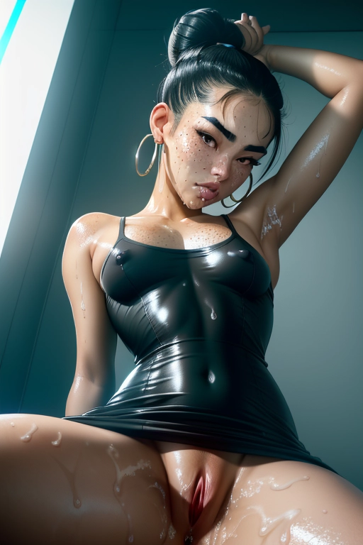 High resolution, masterpiece, asian latina girl, black hair in a bun, puffy nipples, long eyelashes, eye contact, sharp eyebrows, perky tits, wearing hoop earrings, small skinny body, freckles, view from above, dripping wet pussy, showing pussy, big lips, wearing a tight dress, <lora:bukkake:1>, lifting up dress, looking up