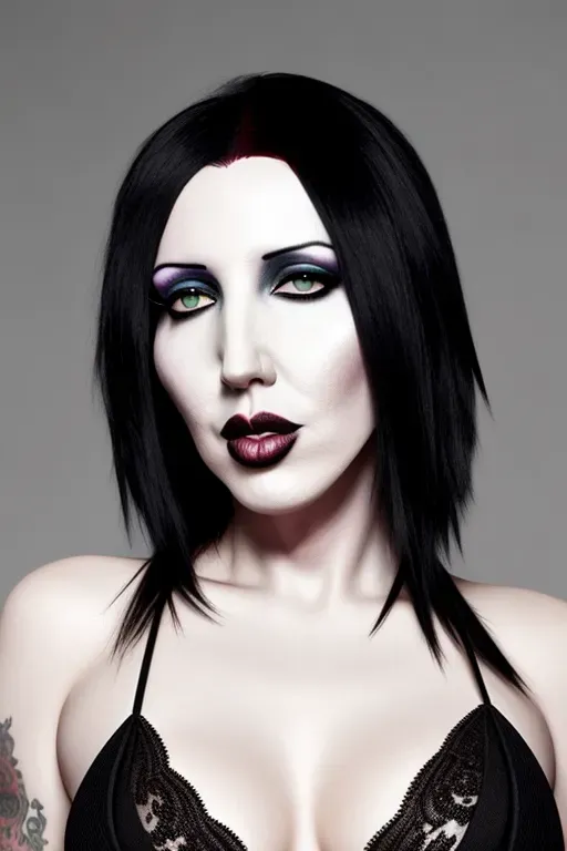 Marilyn Manson but as a young woman, beautiful face, feminine face, youthful face, big tits, tits inside the frame, goth