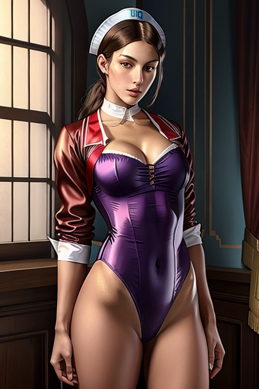 19th century setting. Colour painting of ((a young Florence Nightingale)) ((accurate face)), slim athletic body, (((in sexy leotard-style nurses uniform))), ((bare thighs)), ((full body and thighs visible)), smooth skin, sexy butt, fine beautiful body,((detailed skin features),(detailed face features), beautiful faces, (detailed body features), beautiful eyes,