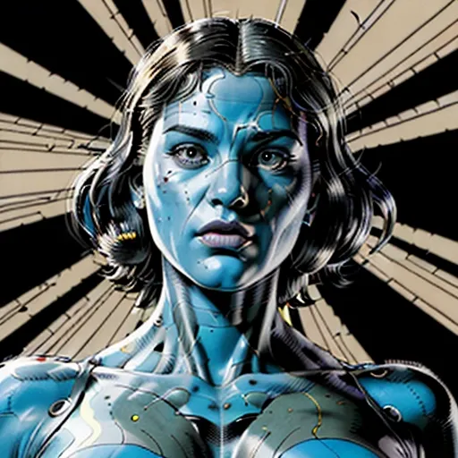 photorealistic and surrealistic film in a comic illustrations style by Mike Deodato, (interesting unique diverse complex character design that is a woman:1.2), (photorealistic detailed face:1.1), (classic stereotypical over tuned retro comics body shape and anatomy),
big variation of colors , smooth pencil brush to create a composition of vivid colors, thick black outlines, flat shading, minimal highlights ,interesting detailed Foreground and background depth are clear giving visual complexity to the scene