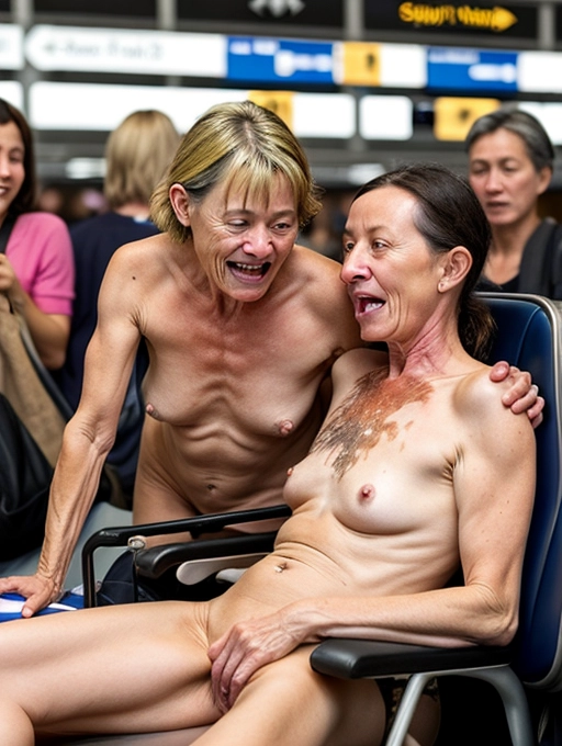 a naked middle aged lady, realistic face, is getting her pussy licked by her girlfriend in a crowded airport
