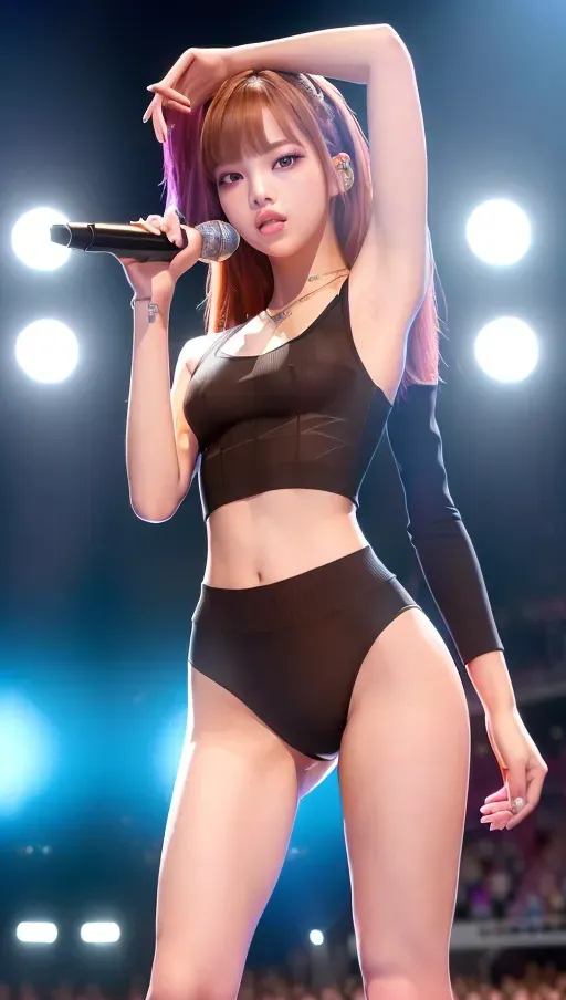 An 8k realistic photo of Lisa from blackpink, masterpiece, best quality, extremely detailed face, perfect lighting, 1girl, standing, performing at a concert, ((POV FROM CROWD)), ((long socks, petite, long legs, slim thighs:1.1) , (tight tubetop, slim waist:1.1), extremely detailed eyes, (small breasts:1.3), cleavage, happy, looking at viewer, best quality, masterpiece, hyper realistic, full hd,backlighting,extremely detailed CG 8k wallpaper