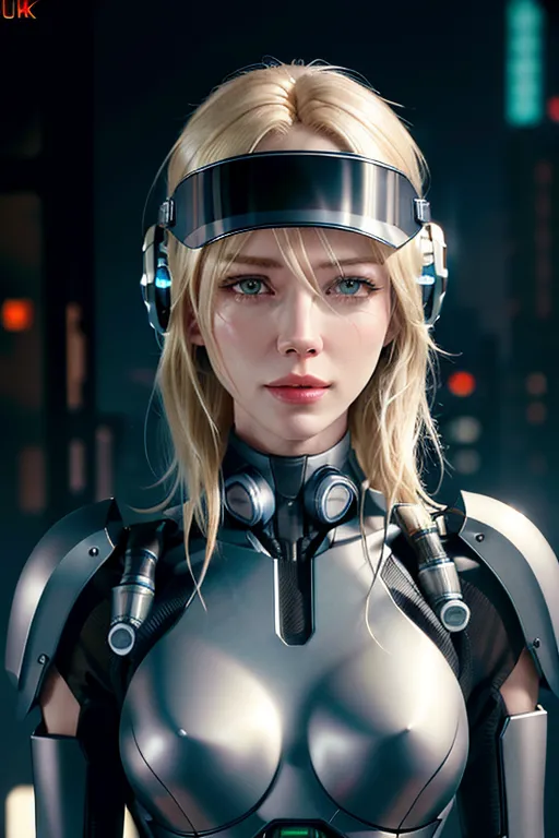 Cute young blonde, young Naomi watts, skinny female human black mechanical body, cyberpunk, ultra realistic. 8k, ultra detailed face, helmet with visor, headset,
