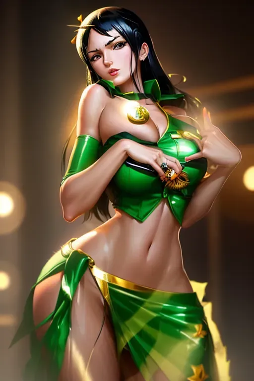 a digital art of,((Nico Robin from One Piece)),((wearing her Ennies Lobby Outfit Outfit)),amazing breasts,five slender fingers,silky hair,gorgeous face,beautiful lips,green eyes,curved eyebrows,curved eyelid,smooth skin,satisfaction,wearing golden ring,bokeh,sharp focus,editorial,surreal,unreal engine