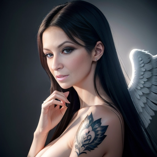 a 8k high detail photo full body shot, ,five slender fingers ,silky hair, beautiful face ,beautiful lips, beautiful breasts, blue eyes,curved eyebrows,curved eyelid,pale skin,satisfaction,tattoo,ultra realistic,smooth,8k,studio lighting,surreal, Angel Wings, Angelic Lighting, Love, Hope,