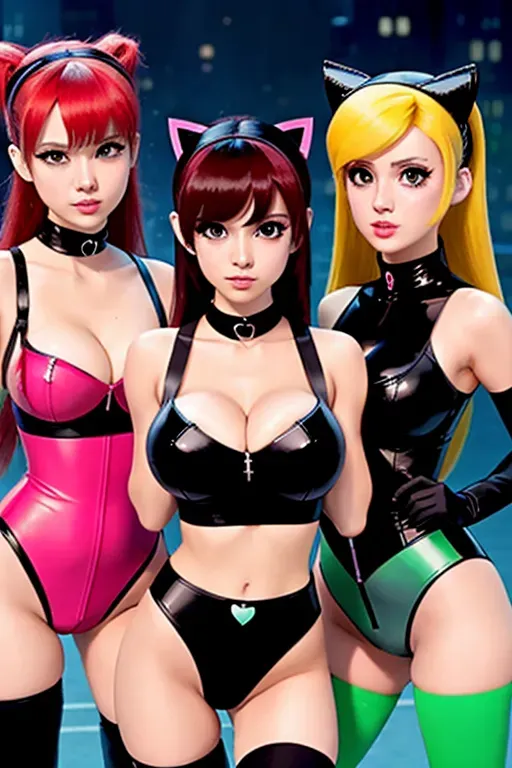 a digital art of, powerpuff girls,doing sexy pose,in a dystopian future,big breasts,pixiv,editorial,sharp focus,8k,highly detailed