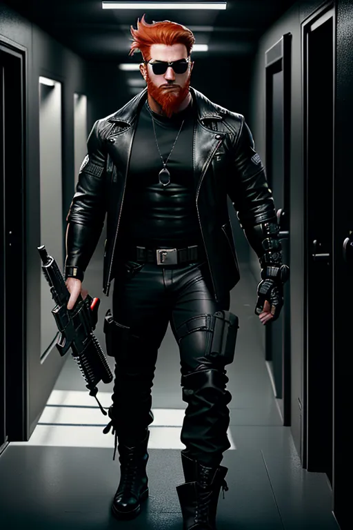 Cyberpunk, The year is 2085, our hero is a mercenary and private investigator, male, red hair, black cowboi hat, mean eyebrows, wayfarer sunglasses, strong chin, thick beard, strong build, dark dark grey leather trench coat, black tank top, black armored pants, black cowboi boots, holding a double barreled futuristic shotgun, in a dark corridor, high definition, in the bed, 4k quality, excellent lighting, great shading, pristine detail, five fingers per hand.