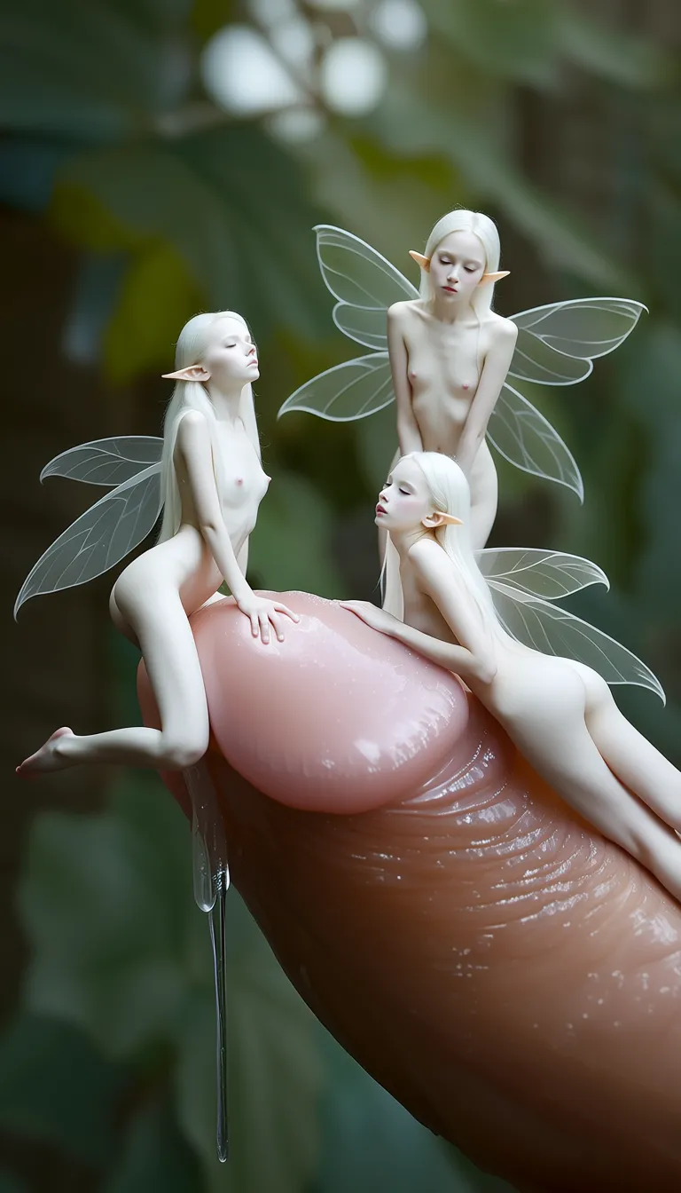 This is a realistic Picture highly detailed, realistic fantasy style. It depicts three, 15 centimeter great , fairy-like 28 years old women, little perky small breasts with large, translucent wings, pointy ears, nude, sitting on the tip of a large, erect, circumcised penis that is dripping a small amount of clear white slimy fluid. The fairy is licking on the Penis,The fairy's eyes are horny pervert cute, and her expression is serene. The background is a blurred, lush forest with soft green and brown hues. The penis is prominently positioned in the foreground, with the fairys perched near the glans. The image combines elements of fantasy and eroticism, showcasing a contrast between the delicate fairys and the large, human-like penis.