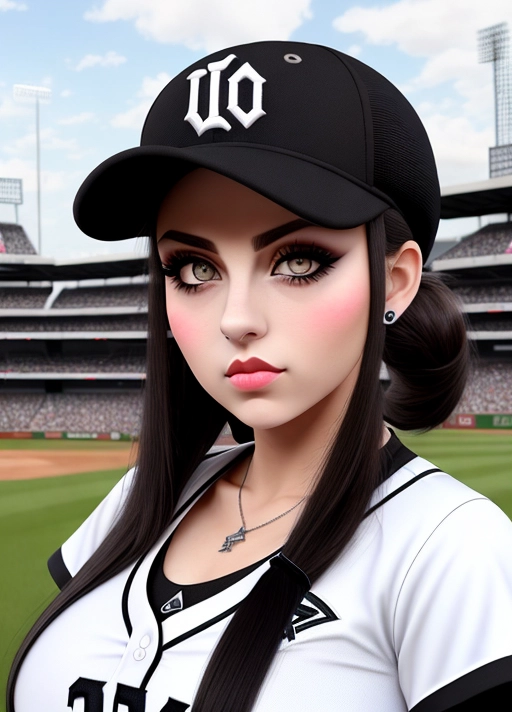 Cute Italian girl, simple grunge makeup, pale colored eyes, big wide eyes, black hair, ponytail, big lips, high riding huge boobs, gigantic tits, baseball uniform, baseball cap, photorealistic, best quality, ultra high resolution