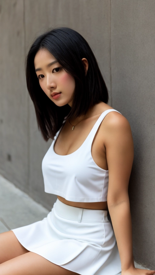 low angle front view, black straight hair, very busty, 20 years old, shoulder view, white very translucent croped tank top, white short skirt,<lora:dpmg_upshirt:1.4>