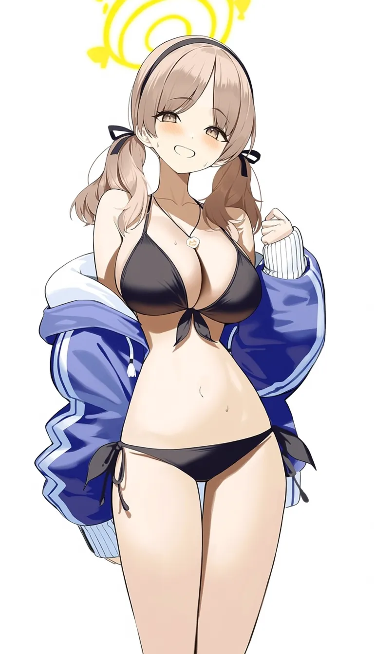 1. Begin with a white background. 2. Draw a girl in a black bikini, including a front-tie top and side-tie bottoms, showing off her navel and large breasts. 3. Give the girl brown hair styled in low twin tails. 4. Add a subtle blush on her cheeks, and a smile on her face. 5. Place a yellow halo above her head. 6. Dress her in a blue hoodie with long sleeves, but the hood is down. 7. Make sure to use a clean, vibrant art style akin to that of @pro-p.