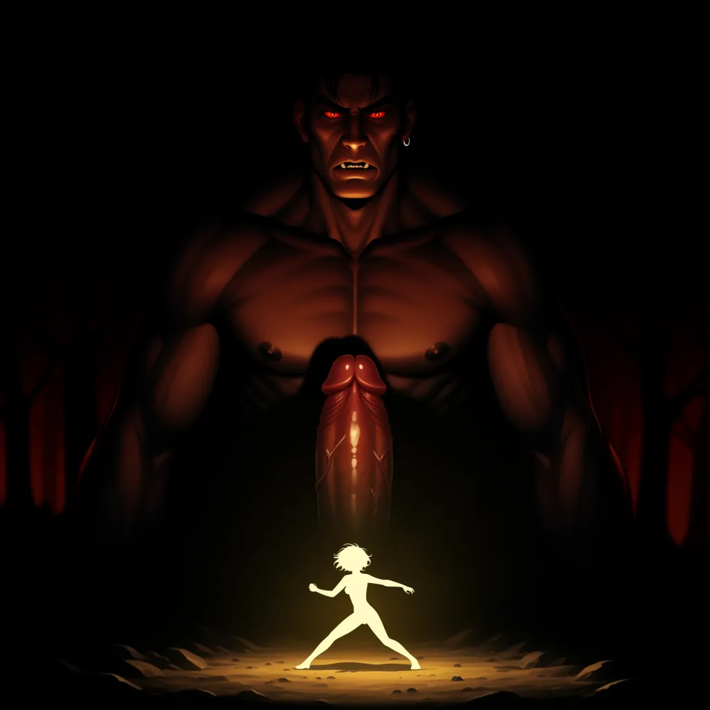 Background is dark evil forest, in the darkness a giant male monster with spikes looms, it has a giant erect human looking cock and balls, ((giant penis)),
In the foreground is the silhouette of a girl, dwarfed by the size of the monster, she is naked and she stands with her legs apart, ready to face the monster,
{{{{jcm-2}}}}, {{{{musouzuki}}}}