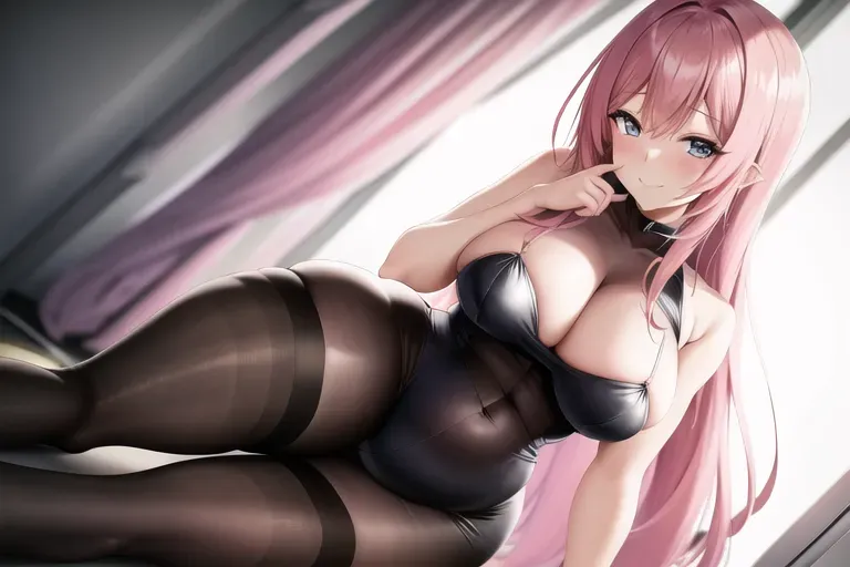 photograph, 20 year old, an anime girl, thicc, stockings, pink, photo studio, day time, studio light, happy, 8k, professional