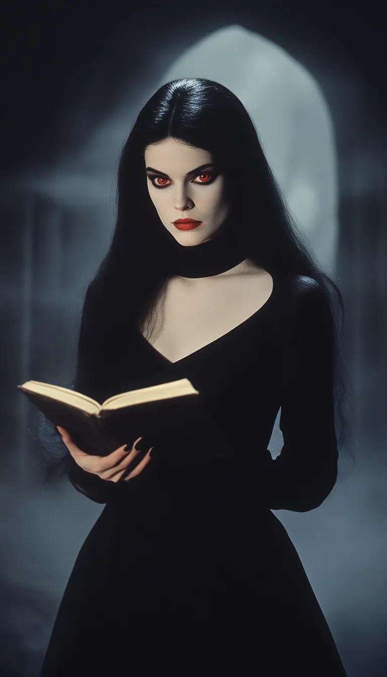 ArsMovieStill, 80s Fantasy Movie Still, The image is a portrait of a woman with long dark hair and red eyes. She is wearing a black dress with a high neckline and long sleeves. The woman is holding an open book in her hands and appears to be engrossed in it. The background is dark and cloudy with a stone archway visible in the distance. The overall mood of the image is mysterious and eerie., 1girl, black hair, red eyes, solo, long hair, book, black nails, looking at viewer, open book, nail polish