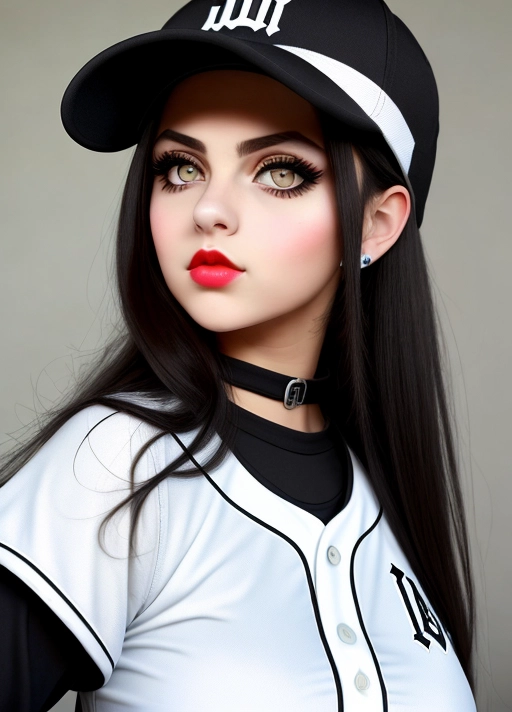 Cute Italian girl, simple grunge makeup, pale colored eyes, big wide eyes, black hair, big lips, high riding huge boobs, gigantic tits, baseball uniform, baseball cap, photorealistic, best quality, ultra high resolution