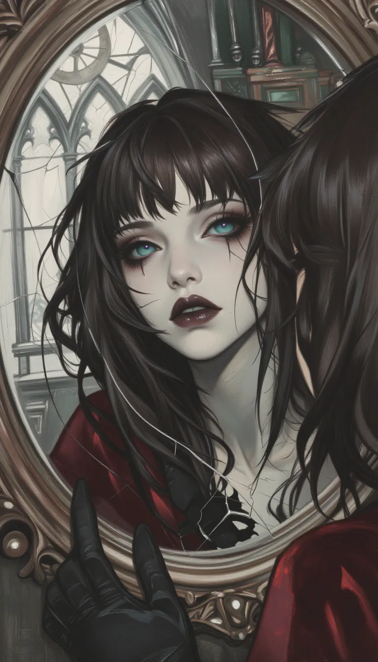 Hyperrealistic anime, portrait close-up, shallow depth of field, intimate composition, subject in sharp focus, expressive. Matte finish, matte overlay, soft painterly shading, painterly texture. Dark ink body tattoos, goth, punk, emo, grunge, cyberpunk, alt style, dark motif.
A distorted reflection in a cracked antique vanity mirror captures her with elegant, cascading dark curls adorned with raven feathers, framing a face of ethereal beauty and intense, almost sorrowful dignity. Pale, fragmented moonlight streaming through a gothic arched window casts fractured silver patterns across the mirrored surface, illuminating her perfectly painted dark lips and gleaming in her haunting, deep sapphire eyes as she contemplates her reflection. Her gloved hand delicately touches the cold, ornate frame, while blurred, shadowy figures of forgotten furniture linger in the depth behind her velvet-draped shoulders.