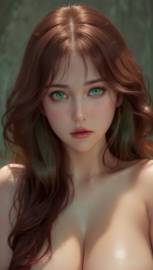 A high resolution photo shot of ultra detailed, ultra detailed skin, Adult heavy metal woman, masterpiece, (realistic, photo-realistic:1.37), gorgeous face, ((green eyes)), rosy cheeks, Caucasian skin, wavy dark red hair, heavy eyeshadow, tattoos, nude, medium breasts, dark red lips, highly detailed skin textures, highly detailed eyes, blank green background, gorgeous face, ((chubby cheeks)), professional photograph, dramatic lighting,