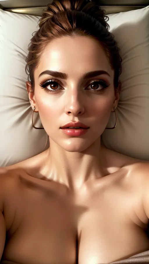 High-rise rooftop, huge luxury bed, bold young woman, room lights twinkling, Luminous Skin with Commanding Brown Eyes, a Strong Nose, and Confident Lips, Sky-high Updo, looking down, power and ambition, (extreme dramatic close-up from a very low angle), lying flat in bed naked,<lora:dpmg_imminent_fuck:1>