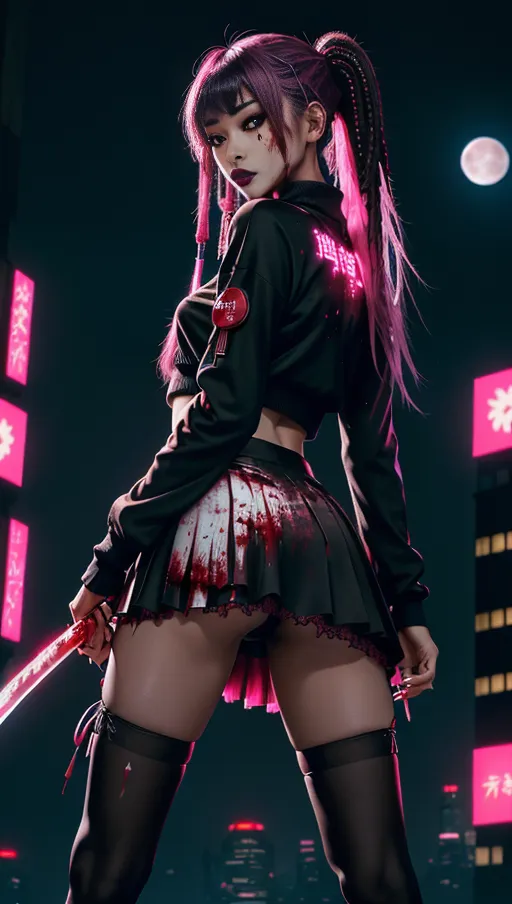 (Masterpiece) 8k resolution, hyper photo realistic, photo of (Nyane),
(Highly detailed face), ((skinny)),
((slim body)), ((small breast)), petite slender figure, sexy, long lashes, ((blood splatters on her face and clothes)), view from behind
Long hot pink dreadlocks, glimmering sparkles in hair, loose fitting cropped sweater with long sleeves, chunky platformed boots with straps, perfect lighting, holding a katana, torn pantyhose under ruffled mini skirt with blood splatters, skirt lift showing her ass, highly detailed lace underwear, stars in background, looking at the viewer, futuristic oriental buildings with neon lights in background, cyberpunk aesthetics, full blood moon, full body view, wide lens