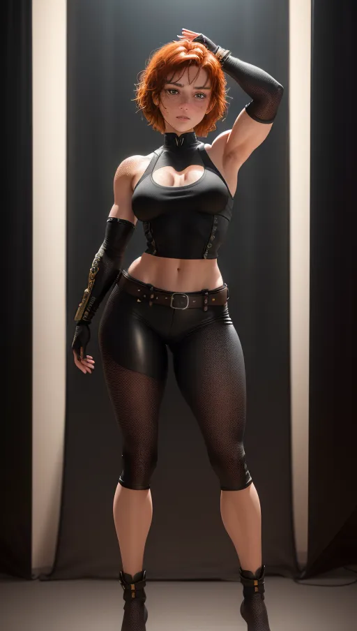 (((a highly detailed full body 8k photo of))), Short red hair, freckles, green eyes, serious face, black leather tank top, black leather pants, elbow length gloves, leather belt, 8k resolution, high definition, cinematic lighting, athletic body, smol, small breasts, photoshoot, flexing, perfect lighting, 8k digital photo, masterpiece, perfect lighting, 8k quality, ultra real skin texture, realistic hair, realistic skin, realistic eyes, detailed eyes, dilated pupils, accurate breasts, realistic, very realistic, ultra definition, ultra quality, (((ultra realistic))), (((artistic angle))), photorealistic, healthy, ultra realistic skin, realistic hair, pretty teeth, textured skin, ultra detail, lightly glistening with sweat, (face freckles), body freckles, pretty feet, pretty calves, pretty thighs, pretty abs, shaved legs, shaved armpits, ((perfect pretty face)), (accurate eyes), accurate teeth, accurate mouth, professional lighting, bokeh, ((accurate hair color)), (5 pretty toes on each foot), (five pretty fingers on each hand), (cute ears), detailed fingernails, detailed toenails, ((black background)), absurd res, UHD, HDR, (Masterpiece:1), (best quality:1), raw photo, masterpiece, best quality, illustration, (beautiful detailed), beautiful detailed glow