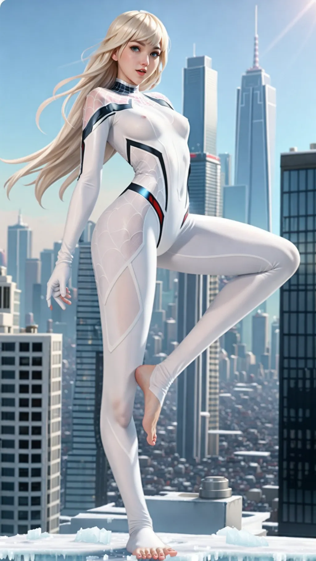 full-body image of a gorgeous barefoot Gwen Stacey with erect nipples wearing white spider hero outfit with long white spandex pants and gloves while standing barefoot on an icy rooftop in a big city, sexy feet, barefoot, exposed face, exposed head, bare feet, Spiderverse,