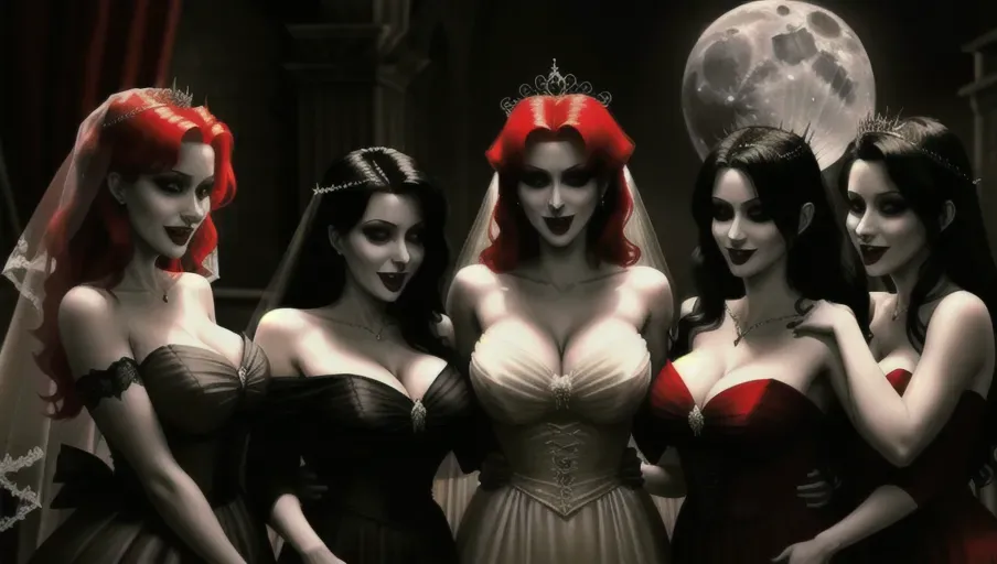 medium shot of the sexy vampire vixens of Dracula hungerly associating with their redheaded victim Drinking, dancing, kissing, seducing their victim, Crowning her with a bridal veil. on a foggy moonlit night in the shadowy ballroom of a decerped old castle. only three very pale gothic sexy erotic blond and black haired evil vampire vixens fangs gleaming in the moonlight. Beautiful redhead still human victim early mid-thirties moderate breasts good sweet innocent, big soft round eyes, warm smile Anna of Arendelle in a soft green elegant Nordic ballgown.
photorealistic. High resolution