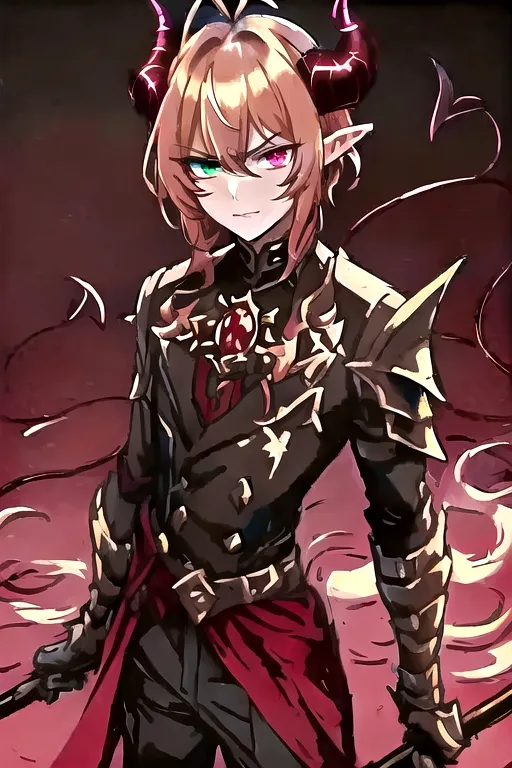 best quality, masterpiece, solo, solo guy male tiefling, bright golden brown
hair, golden brown color hair, curled horns devil, hell armor, holding battleaxe, chrome shiny battleaxe, androgynous haircut, imp demon , dark paladin, chain main shirt, battle axe wielder, warrior, warrior of hell, demon tiefling, hell red power, curled horns, illrigger, armored, 1 male tiefling only, demon, flat chest, posh , leather armor, well groomed, elf ears , jackal imp creature , horns, armored jacket, solo, sharp jagged tail, humanoid, heterochromia, green eye, red eye, determined look in eyes, masterpiece, colorful shirt, short length hairstyle single strand of hair curls on top of head, antenna hairstyle imp demon, ,cute look in eyes, imp demon ,red horns, heterochromia, masterpiece anime style