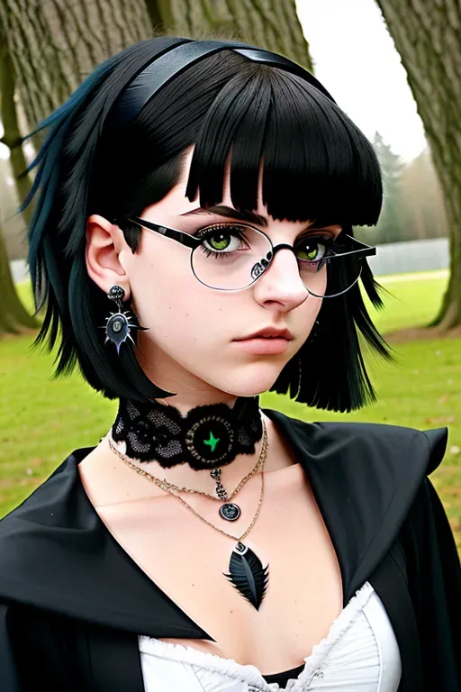 A Raven Claw Teenage Girl with a 2008 emo girl hair cut hair, Her hair is black and continues down to her shoulders. Her bangs go across the top of her face just barely above the eyebrows. She is wearing the raven claw house of hogwarts robes over her body, underneath the robes she has barely tucked away a little lace choker. She also has earrings of little swords going through her earlobe as her earrings, she also has a pair of small glasses that accentuate her green eyes.