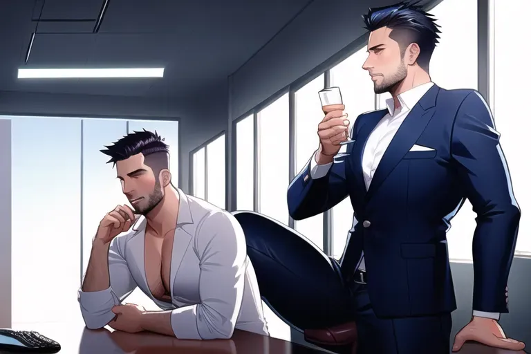 an illustration of a sexy man, naked, at the office, large breasts, big dick, five slender fingers, short spiky hair, beautiful face, beautiful lips, blue eyes, curved eyebrows, erotic, artstation, cinematic lighting, ultra realistic,