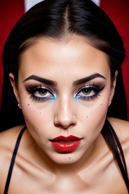 a 8k high resolution photo of a woman, ((dpmg_face_cum_v1)), (looking straight into the camera), (fake eyelashes), detailed female anatomical features, (heavy black eyeliner), (red lipstick), textured skin, (black hair), (bangs), (blue eyes),
dpmg_runny_makeup_v1,