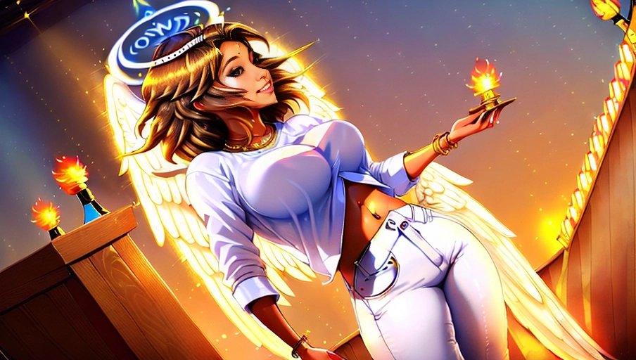 a 64k high detailed portrait of Female Angelic Worshipping, HDR Professional ((In cool Clothing))) ((Has Attire)) (((In Shirt))) (((In Pants))) Godly Ultra Detailed Best Quality Most Detailed ((Angel Wings)) Angelic Lighting Love Hope Magic casting Crown Smiling Queen happy Glory Warrior Angels Angelics Positivity Happiness ecstasy enraptured sweaty saving God Royalty Morality Goodness True Good Power Force Authority Ethical Saviour Halo short Hair Always and Forever Sentimental in heat hot ultra hot best best lighting tantric Neutral Brilliant Logical Compassionate Perfect Perfection Exciting Integrity Winged Courage Purity Harmony Beauty mark on upper lip ((Female)) Ethereal Lighting Celestial Lighting (((With Clothes))) (Has Clothing) ((With God Item)) ((God Tech)) with items of power God Wings ((Afterlife Light)) (Perfect Tits) (Perfect Ass) (Love Worship) ((Happy Expression)) ((smiling)) ((((God Worship)))) ((((Multiple Female Angels)))) (Many Female Angels) (Worshipping)
