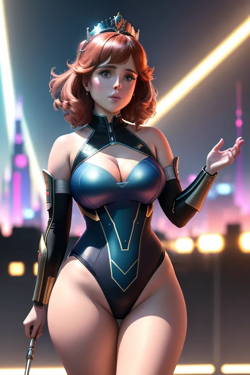 8k, digital photo of, futuristic Fantasy city, Princess Eugenie in foreground, revealing leotard, bare thighs, highly detailed, correct human anatomy, happy, beautiful, pixiv, bokeh, perfect lighting, depth of field, absurd res,