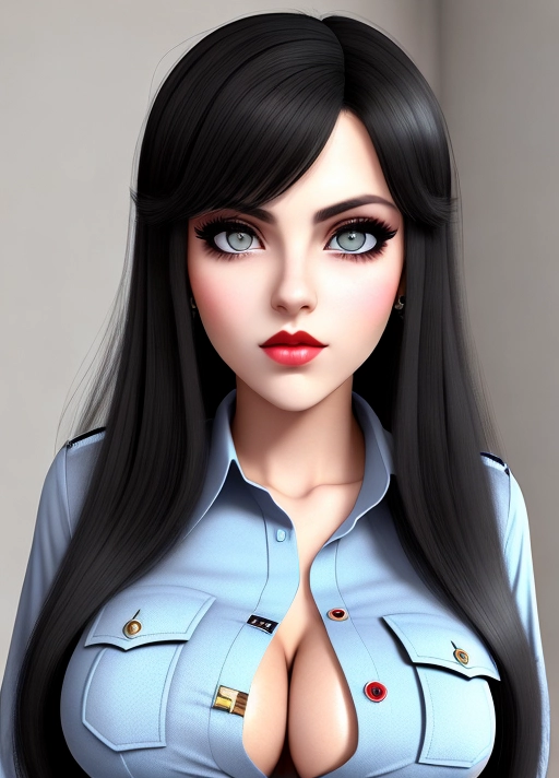 Cute Italian girl, simple grunge makeup, pale colored eyes, big wide eyes, smirk, black hair, big lips, high riding huge boobs, gigantic tits, police woman outfit, button-down shirt, photorealistic, best quality, ultra high resolution