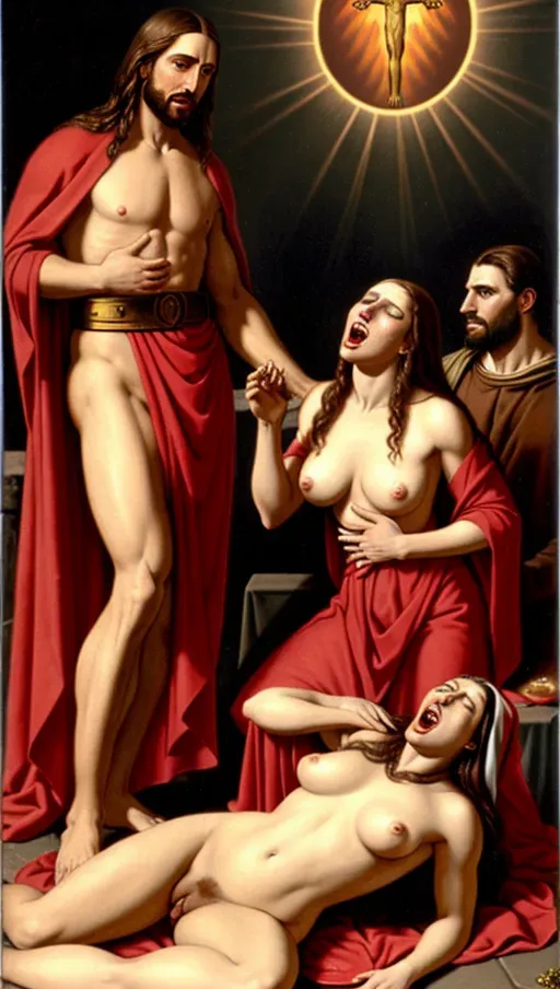 Jesus Christ and Mary Magdalene having anal sex. Jesus looks evil and has a red halo around his head. He also wears a red Roman sash. Mary has massive breasts with firm nipples. She is screaming and crying in pain.