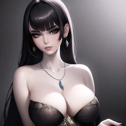 a digital painting of,a beautiful 18 year old girl,wearing dress,amazing breasts,bangs hairstyle,charming face,beautiful lips,black eyes,curved eyebrows,pale skin,satisfaction,wearing necklace,highly detailed,artstation,surreal,ultra realistic,smooth
