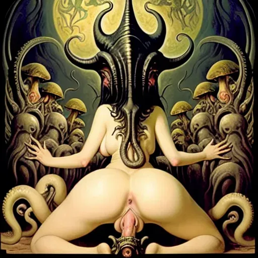 Orgy, in the art style of Frank Frazetta, In the art style of H. R. Giger, In the art style of Hieronymus Bosch, tentacles, mushrooms, multiple penetration, all fours, from behind, huge labia minora, huge vaginal gape, dynamic pose, busty female, raw, 8k