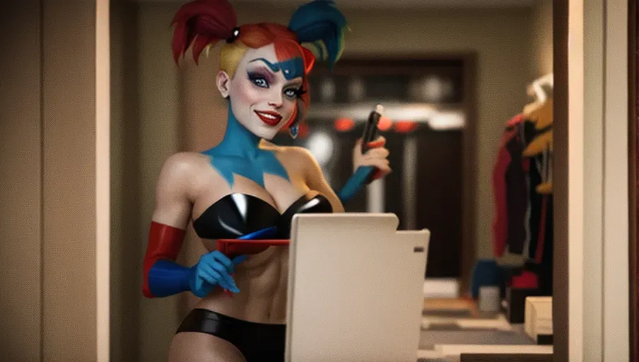 harley quinn, bending over, topless, facing camera,