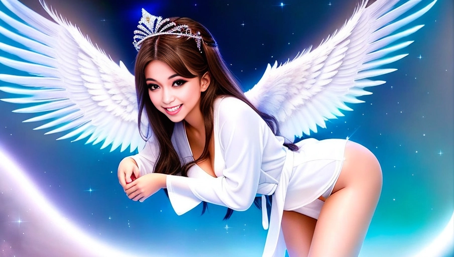 a 64k high detailed photo of body shot of straight Female Angelic HDR Professional ((In clothing Robes))) ((Has Attire)) Godly Ultra Detailed Best Quality Most Detailed ((Angel Wings)) Angelic Lighting Love Hope Magic casting Crown Smiling Queen happy Glory Warrior Angels Angelics Positivity Happiness ecstasy enraptured sweaty saving God Royalty Morality Goodness True Good Power Force Authority Ethical Saviour Halo short Hair Always and Forever Sentimental in heat hot ultra hot best best lighting tantric Neutral Brilliant Logical Compassionate Perfect Perfection Exciting Integrity Winged Courage Purity Harmony Beauty mark on upper lip ((Female)) (Ethereal Lighting) (Celestial Lighting) (((With Clothes))) ((With God Item)) (((God Tech))) (God Magic) with items of power God Wings ((Afterlife Light)) (Perfect Tits) (Perfect Ass) (Love Worship) ((Happy Expression)) ((smiling)) AJH True Happiness (Pleasure) (True Love) ((Angelic Hair)) ((Purity))