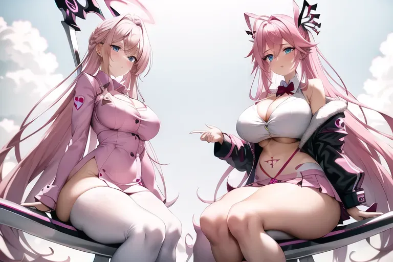 thick, pear body, pink hair, white heels, white crop top, pink low rise pleated skirt, blue eyes, button nose, angel wings on back, pink heart halo above head, pink lips, fit, thick eyebrows, Pettie, white long trench coat, resting expression, hands wrapped around scythe, sitting on pink and white scythe, small feet, cleavage, jacket open , one scythe , light pink thong, hearts, clouds, sky, pink pentagram tattoo on love handle , closed hands, sfw sitting pose, sitting on the scythe