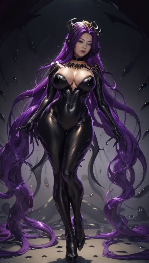 best quality, (((ultra high res))), (detailed face and eyes), (succubus), hearts, ((perfect face)), (necklace), (((big golden choker))), golden earrings, jewelry, gloves, ((gold)), (((big pink diamond diadem))), (big pink diamond crown), hourglass body, ((((symbiote goo suit)))), ((((symbiote succubus)))), ((big cameltoe)), ((((purple hair)))), ((((extremely long hair)))), ((((straight hair)))), ((boots)), (((black legs))), (((black gloves))), (((((very long voluminous hair))))), (((((hair raising succubus))))), ((((raising hair)))), (((((very voluminous hair))))), (((black symbiote hips))), ((black symbiote thighs)), ((perfect eyes)), ((((face closeup)))), (((symbiote leggings))), (((corruption))), ((((hair everywhere)))), ((huge tits)), ((huge boobs)), (((black heart))), ((((full body covered by symbiote goo)))), (((symbiote goo body))), (((single girl))), ((((lies on her voluminous hair)))), ((((gradient))))