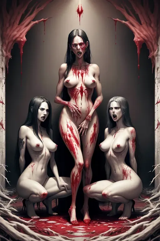 Deathmetal Album cover, naked women, Spred legs, Pussy cum, with out title, blood, pain, scream, Women tied naked to stakes