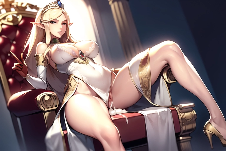 sophisticated elegant very tall elf queen wearing a royal worn dress sprayed by huge penises with sperm and cum